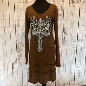Y2K Biker Grunge Cowgirl Edgy Bling Cross Boho Vocal Midi Dress Sz M
